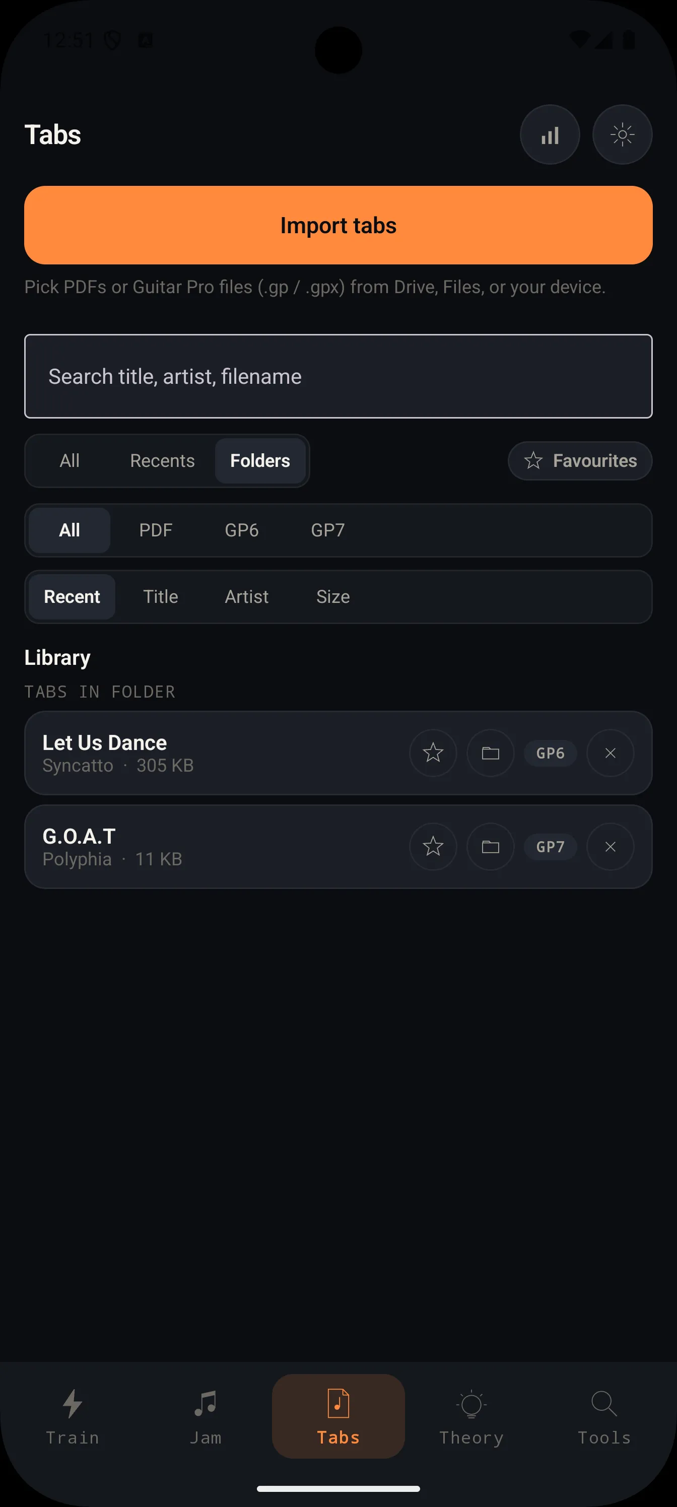 OmniFret Tabs library — imported Guitar Pro files, ready to play back through the same engine that drives Jam.