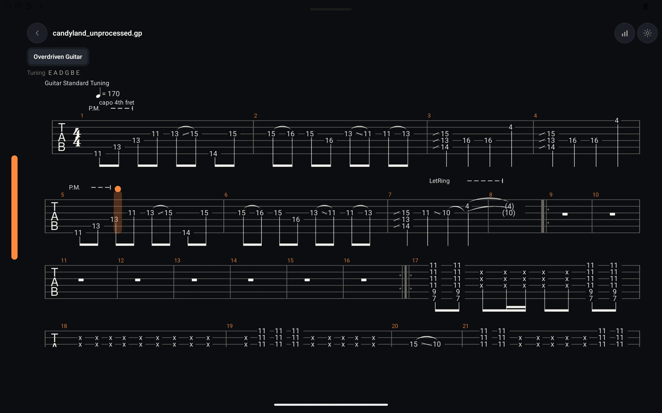 OmniFret tab playback on tablet — a Guitar Pro file open with capo, standard tuning, and the bar-by-bar playhead tracking the score as it plays.