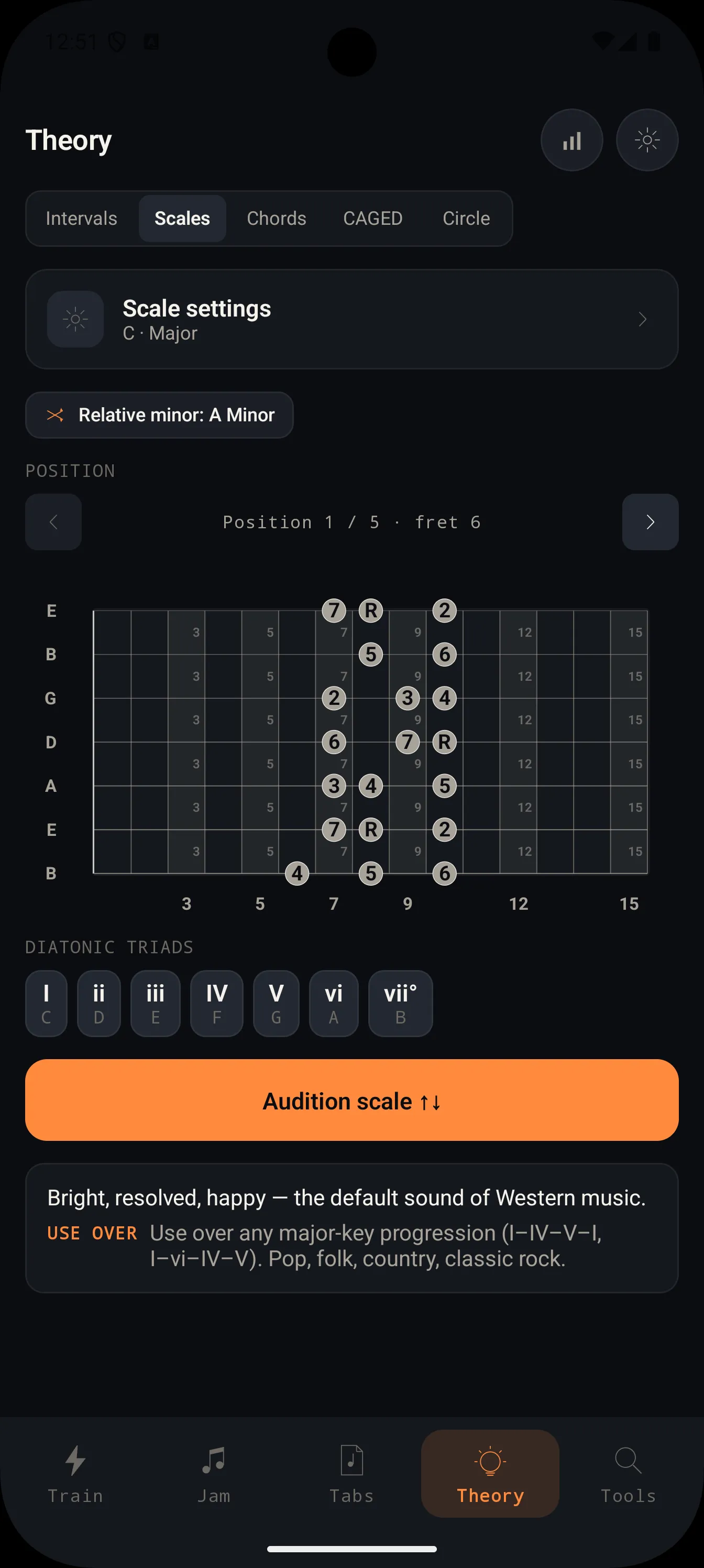 OmniFret Theory on phone — scale positions and diatonic triads plotted on the same fretboard.