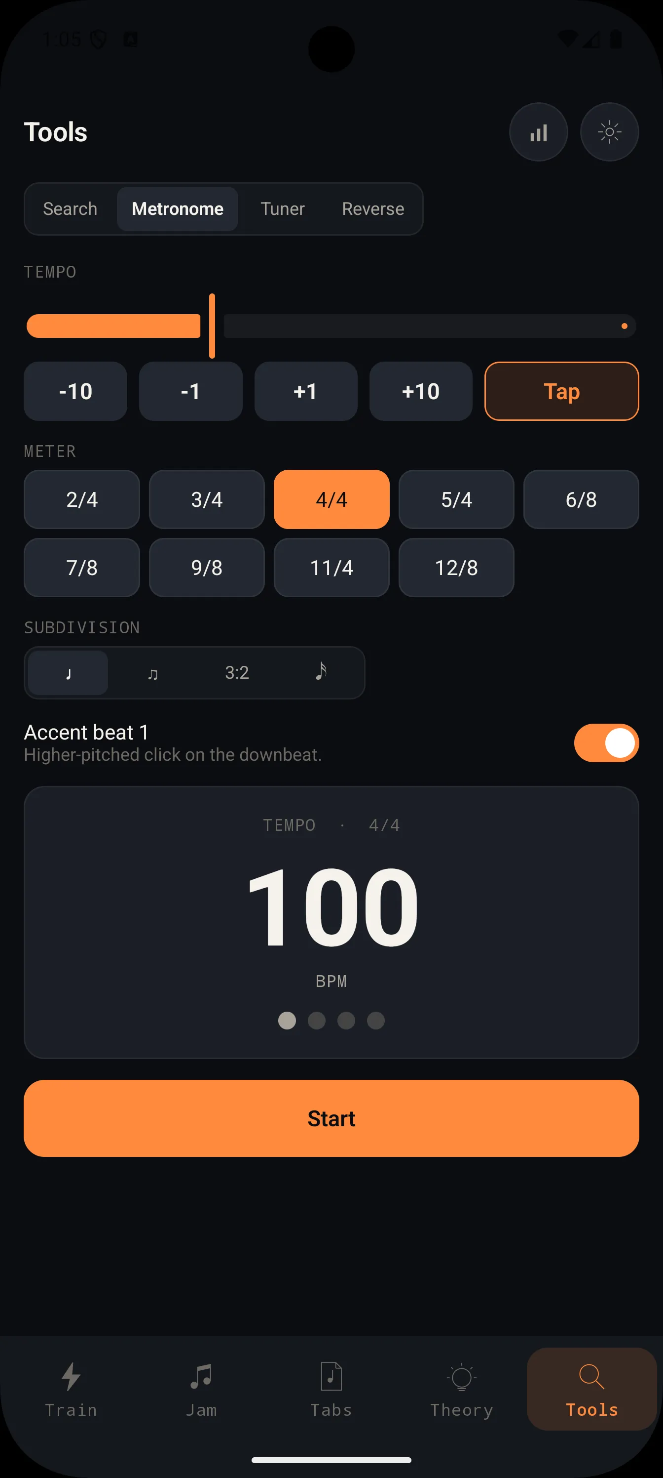 OmniFret Tools on phone — metronome with odd meters, subdivisions, accents, tap tempo.