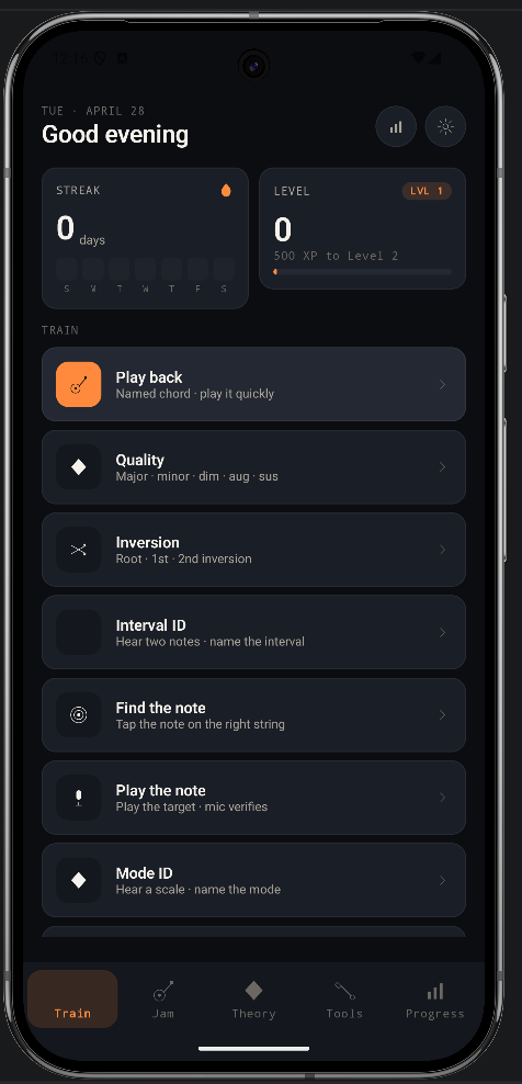 OmniFret Train screen — seven drill modes including Play back, Quality, Inversion, Interval ID, Find/Play the note, and Mode ID. Streak and Level cards at the top.